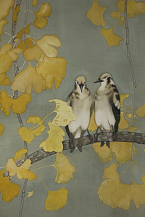 Kacho-ga 花鳥 birds on Gingko branch - With signature and seal by artist - Japan  (Ingen mindstepris)