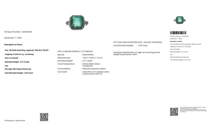 Ingen mindstepris - Ring - 14 karat Hvidguld -  740ct tw Smaragd - Diamant - IGI 691 ct Intens Green