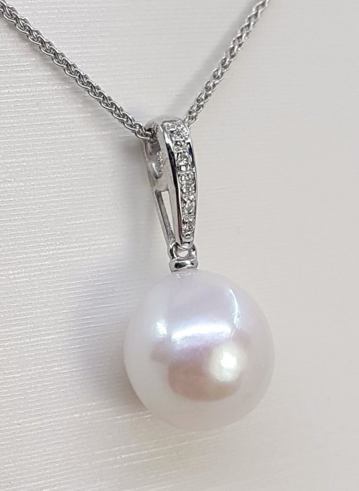 Halskæde med vedhæng - 14 karat Hvidguld -  0.04ct. tw. - 11x12mm Edison Pearl