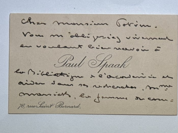 Paul Spaak (1871–1936) Belgian lawyer, poet, literary historian, and playwright. - Autograph signed personal card - 1920