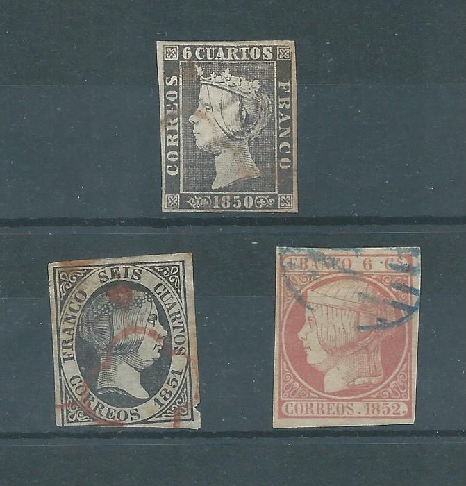 Spanien 1850/1852 - Elizabeth II-særlige poststemple - Edifil nº 1A + 6 +12