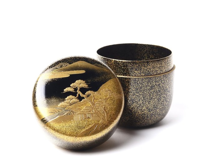 Landscape Maki-e 山水蒔絵 Nashiji Tea Caddy 大棗 by Shiko 紫香 with Original Wooden Box - Natsume - Lakeret træ