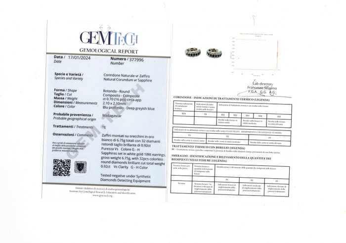 Øreringe - 18 kraat Hvidguld -  1.62ct. tw. Safir - Diamant - Fremstillet i Italien