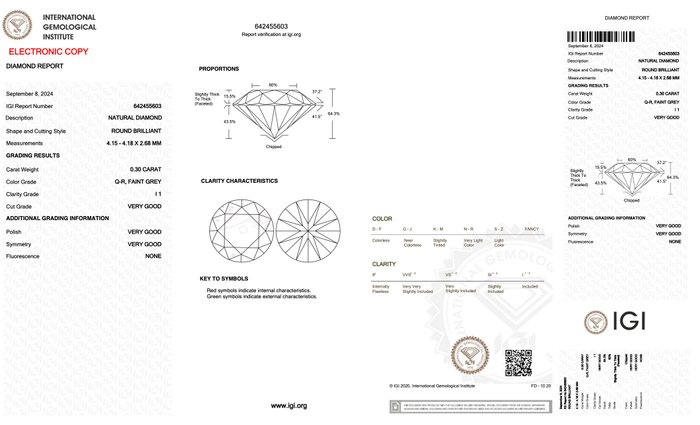 Ingen mindstepris - 1 pcs Diamant  (Naturfarvet)  - 0.30 ct - Rund - Faint Grå - I1 - International Gemological Institute (IGI)