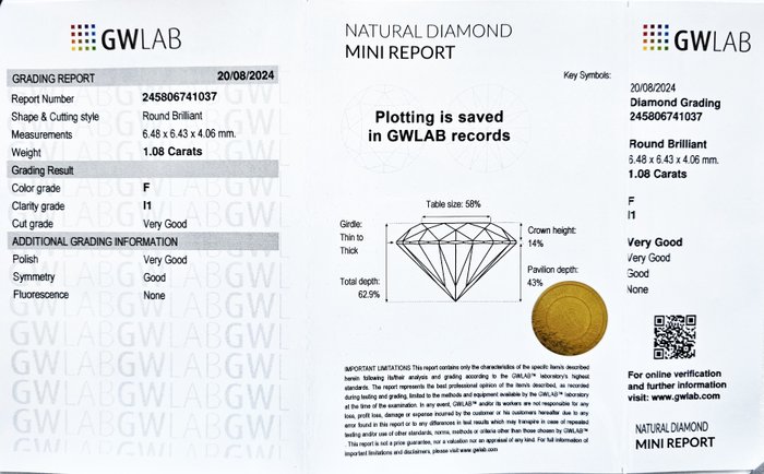 1 pcs Diamant  (Natur)  - 1.08 ct - Rund - F - I1 - Gemewizard Gemological Laboratory (GWLab)