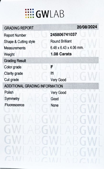 1 pcs Diamant  (Natur)  - 1.08 ct - Rund - F - I1 - Gemewizard Gemological Laboratory (GWLab)