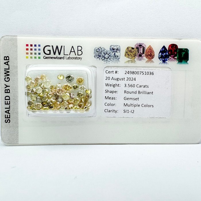 Ingen mindstepris - 57 pcs Diamant  (Naturfarvet)  - 3.56 ct - Rund Blandede farver - I1, I2, SI1, SI2, SI3 - Gemewizard Gemological Laboratory (GWLab)