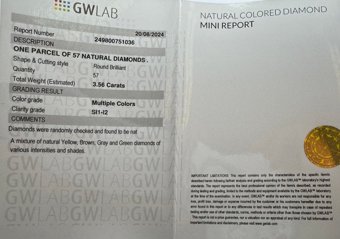 Ingen mindstepris - 57 pcs Diamant  (Naturfarvet)  - 3.56 ct - Rund Blandede farver - I1, I2, SI1, SI2, SI3 - Gemewizard Gemological Laboratory (GWLab)