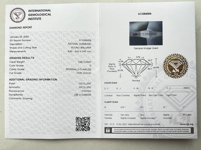 1 pcs Diamant  (Natur)  - 0.40 ct - Rund - D (farveløs) - IF - International Gemological Institute (IGI)