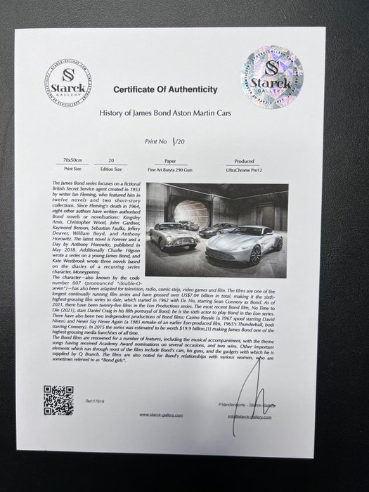 James Bond 007 - History of James Bond Aston Martin Cars - Fine Art Photography - Luxury Wooden Framed 70X50 cm  - Limited Edition  Nr 10 of 20 - Serial ID - Original Certificate (COA), Hologram Logo Editor and QR Code - 100% New items.