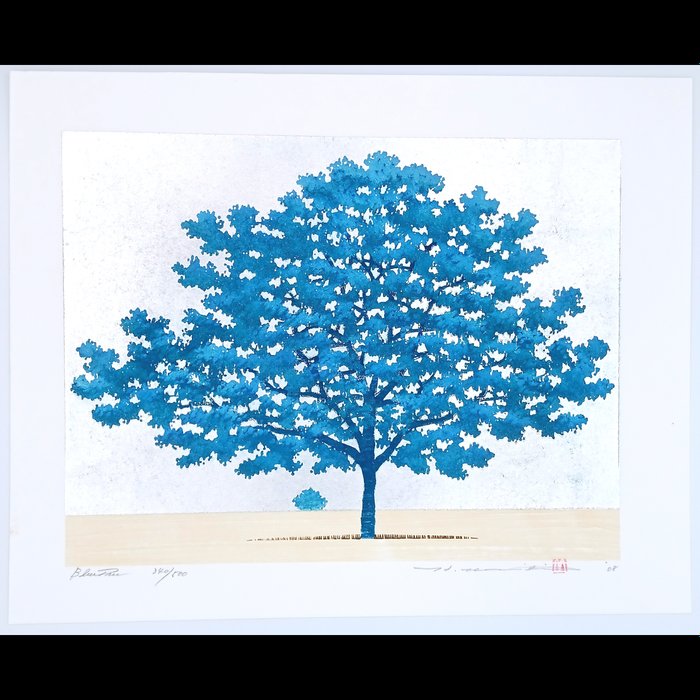 Original woodblock print "BLUE TREE" - 2008 -  340/500 - Hajime Namiki 並木一 (b 1947) - Japan