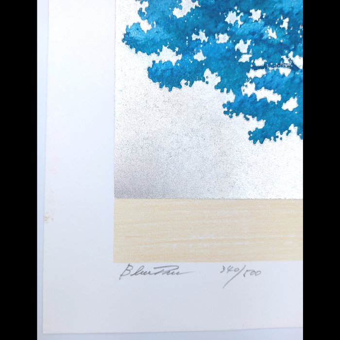 Original woodblock print "BLUE TREE" - 2008 -  340/500 - Hajime Namiki 並木一 (b 1947) - Japan