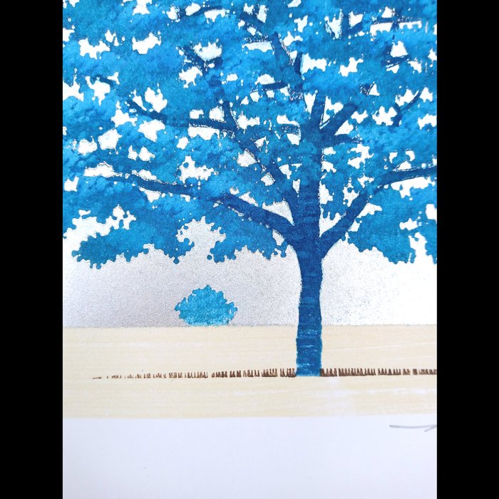 Original woodblock print "BLUE TREE" - 2008 -  340/500 - Hajime Namiki 並木一 (b 1947) - Japan