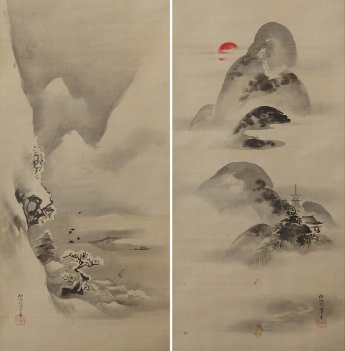 Hanging Scroll (Kakejiku) - Summer and Winter Landscape - with Signature 'Isen'in 伊川院' - Japan  (Ingen mindstepris)