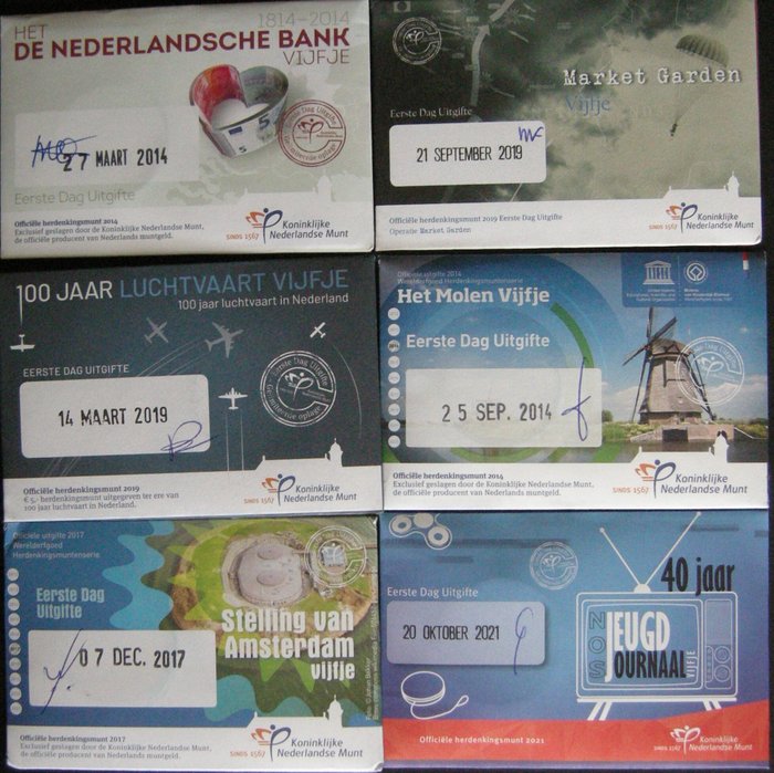 Holland 5 Euro 2014/2021 1e dag uitgiftes Coincards (6 verschillende)  (Ingen mindstepris)