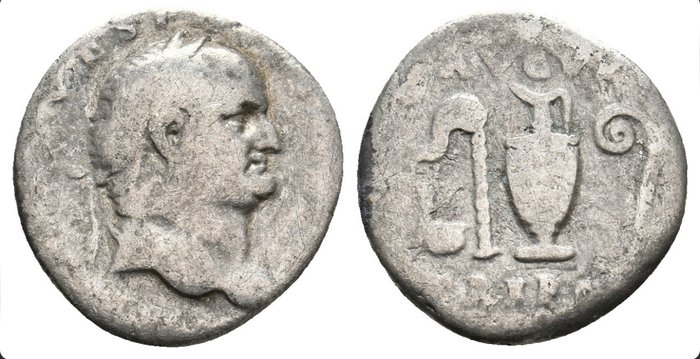 Romarriket. Vespasian (AD 69-79). Denarius Roma - Instrumentos sacerdotales  (Ingen mindstepris)