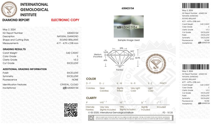 1 pcs Diamant  (Natur)  - 042 ct - Rund - E - VS2 - International Gemological Institute (IGI) - *3EX Ingen*