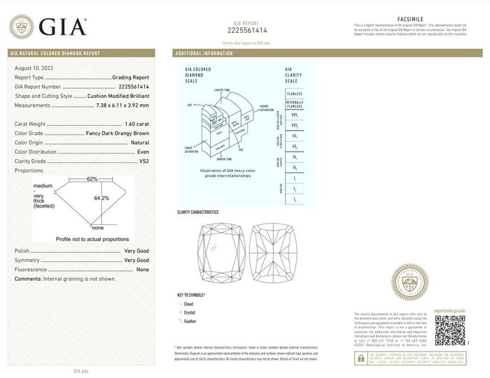 1 pcs Diamant  (Naturfarvet)  - 1.60 ct - Pude - Fancy dark Orange nuance Brun - VS2 - Gemological Institute of America (GIA)