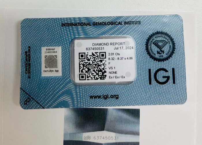 1 pcs Diamant  (Natur)  - 201 ct - Rund - F - VS1 - International Gemological Institute (IGI) - *3EX Ingen*