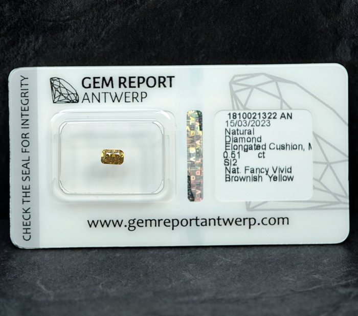 1 pcs Diamant  (Naturfarvet)  - 0.51 ct - Pude - Fancy vivid Brunlig Gul - SI2 - Gem Report Antwerp (GRA)