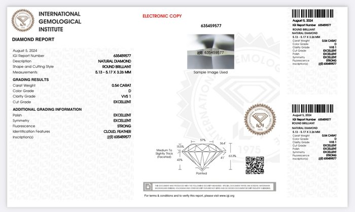 Ingen mindstepris - 1 pcs Diamant  (Natur)  - 0.54 ct - Rund - D (farveløs) - VVS1 - International Gemological Institute (IGI) - *3EX*