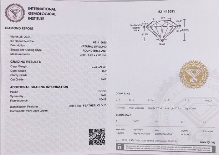 Ingen mindstepris - 1 pcs Diamant  (Natur)  - 0.23 ct - Rund - I1 - International Gemological Institute (IGI) - O - P