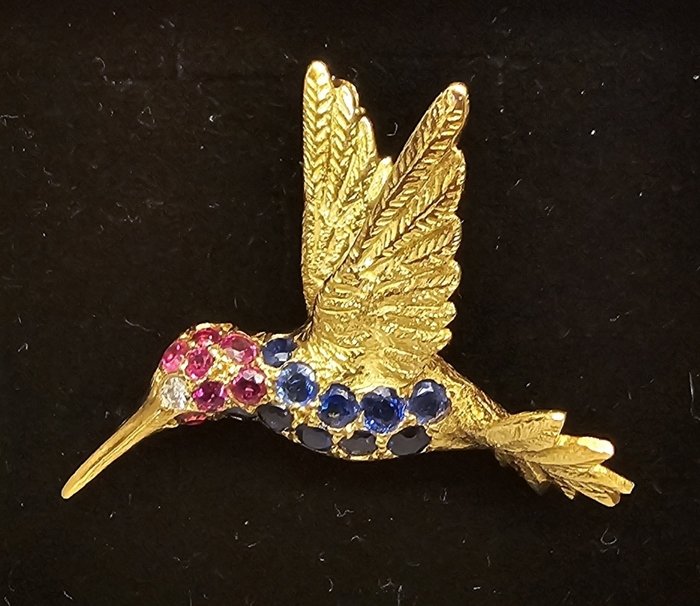 Broche - 18 kraat Gulguld Safir - Rubin - Hummingbird broche