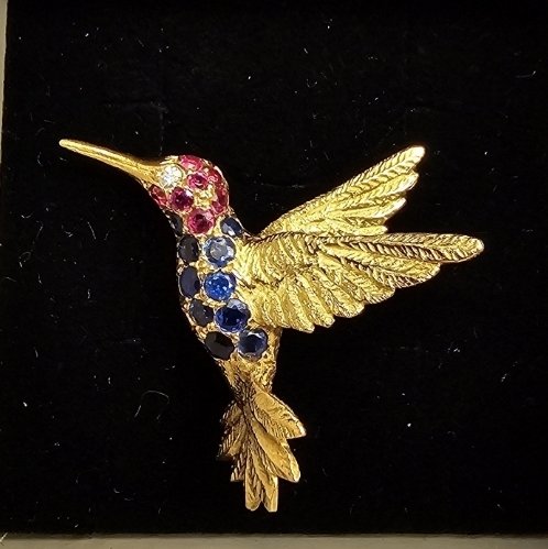 Broche - 18 kraat Gulguld Safir - Rubin - Hummingbird broche