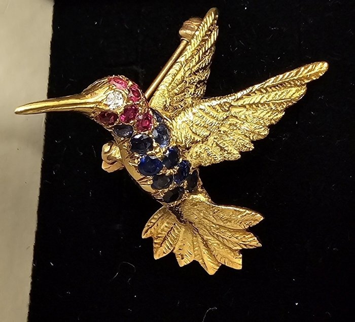 Broche - 18 kraat Gulguld Safir - Rubin - Hummingbird broche