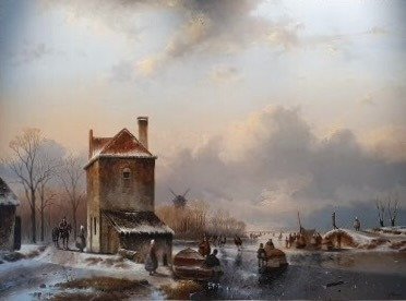 Fred Arends (1949), After - Winterlandschap met veel schaatsers op rivier