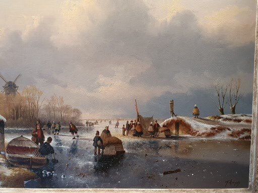 Fred Arends (1949), After - Winterlandschap met veel schaatsers op rivier