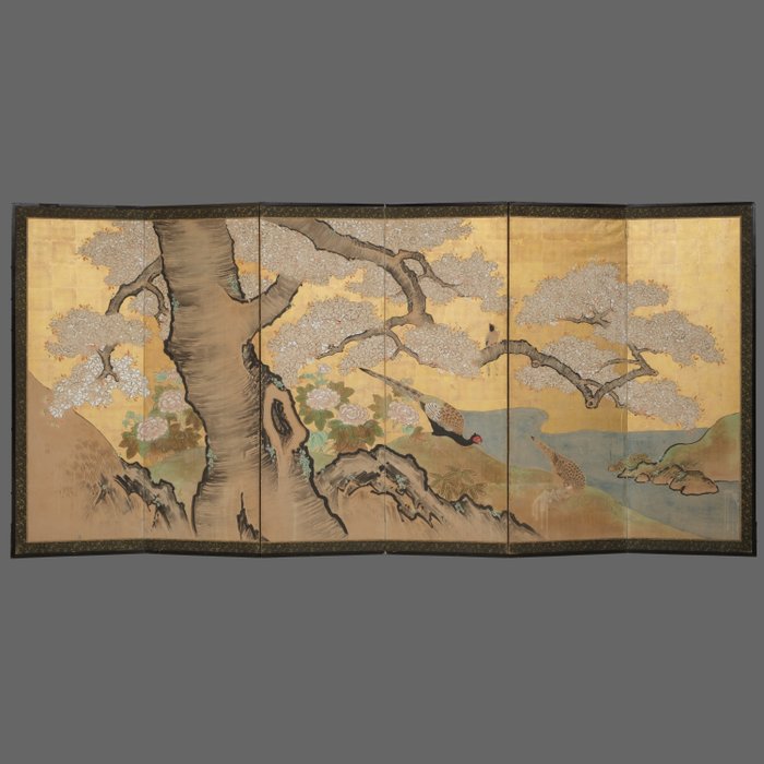 Byôbu 屏風 (foldeskærm) - Bladguld, lakeret træ, silke - Japan - Bakumatsu-perioden (1853-1867)