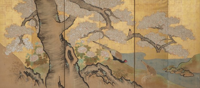 Byôbu 屏風 (foldeskærm) - Bladguld, lakeret træ, silke - Japan - Bakumatsu-perioden (1853-1867)