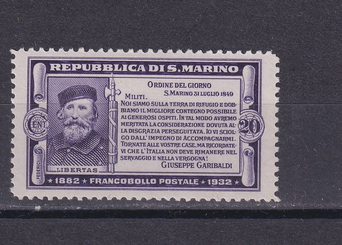 San Marino 1932 - Komplet serie 8 værdier Halvtredsårsdagen for Garibaldis død, MH - Sassone Serie 31