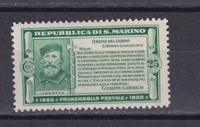 San Marino 1932 - Komplet serie 8 værdier Halvtredsårsdagen for Garibaldis død, MH - Sassone Serie 31