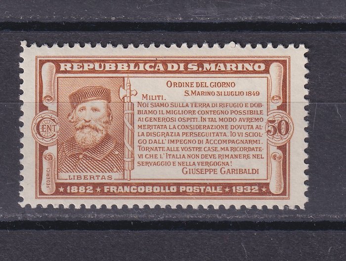 San Marino 1932 - Komplet serie 8 værdier Halvtredsårsdagen for Garibaldis død, MH - Sassone Serie 31