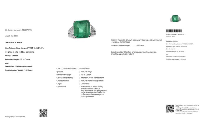 Ring Platin -  11.27ct. tw. Smaragd - Diamant - COLOMBIA