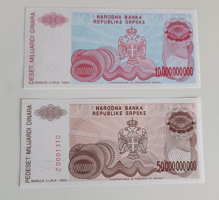 Bosnien og Herzegovina - 10 and 50 Billion Dinara 1993 - Without Serial and Replacement - Pick 159r 160rep  (Ingen mindstepris)