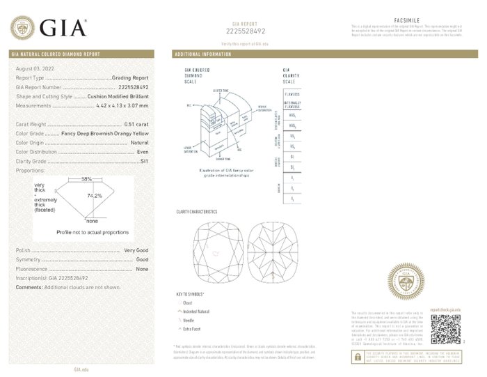 1 pcs Diamant  (Naturfarvet)  - 0.51 ct - Fancy deep Brunlig Gul - SI1 - Gemological Institute of America (GIA)