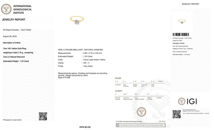 Ring - 14 karat Gulguld -  1.23ct. tw. Diamant (Naturfarvet)