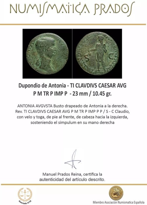 Romarriket. Antonia. Dupondius TI CLAVDIVS CAESAR AVG P M TR P IMP P  (Ingen mindstepris)