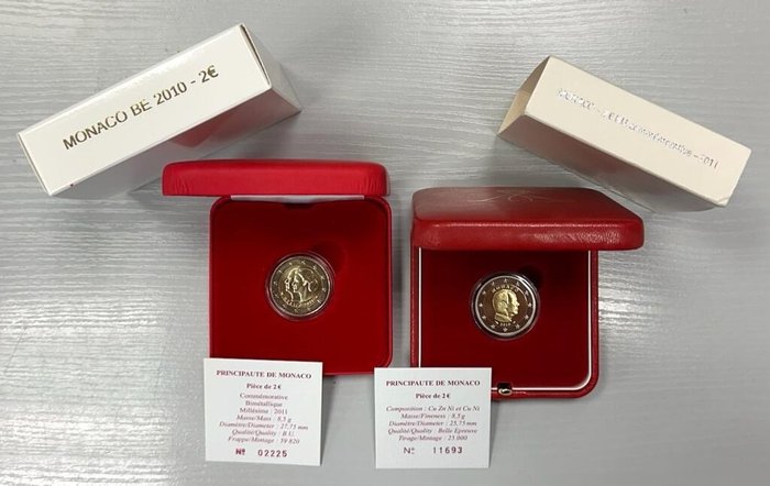 Monaco. 2 Euro 2010/2011 "Albert II" + "Mariage Princier" (2 monnaies) Proof + BU  (Ingen mindstepris)