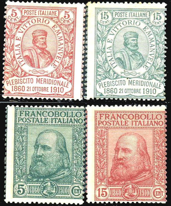 Italien Kongerige 1910 - Giuseppe Garibaldi komplet sæt med 4 værdier med perforeringen flyttet Smukke varianter - Sassone 87/90