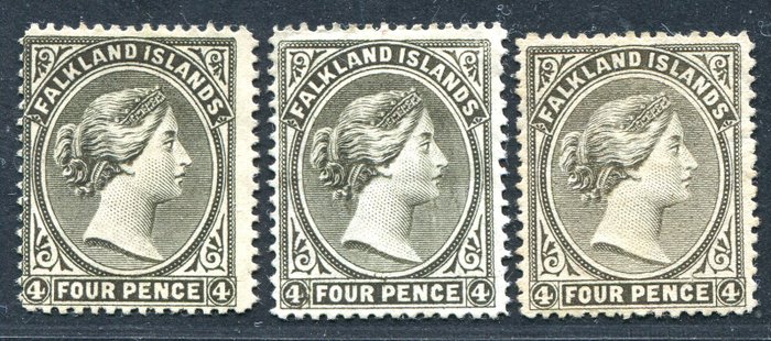 Falklandsøerne 1885/1891 - Queen Victoria, 4d sort i 3 varianter - SG  9, 12, 32