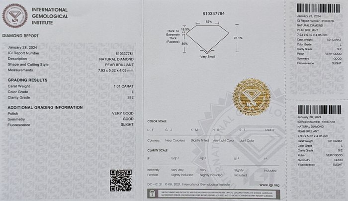 1 pcs Diamant  (Natur)  - 101 ct - Pære - L - SI2 - International Gemological Institute (IGI)