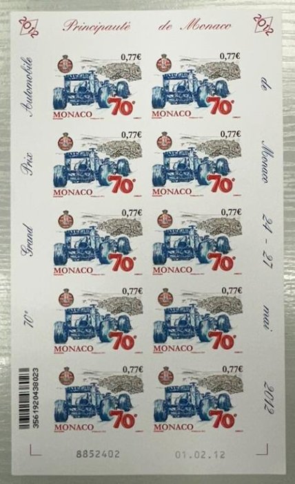 Monaco 2012 - 0,77 € 70. Monaco F1 Grand Prix, ikke-perforeret i miniark på 10, VF  RARE så godt! - Yvert  Tellier n° 2823