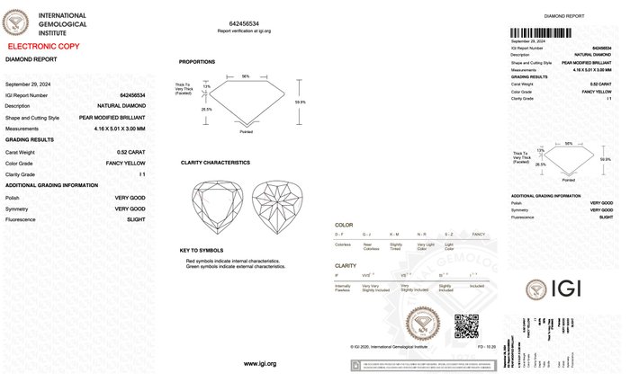 Ingen mindstepris - 1 pcs Diamant  (Naturfarvet)  - 0.52 ct - Pære - Fancy Gul - I1 - International Gemological Institute (IGI)