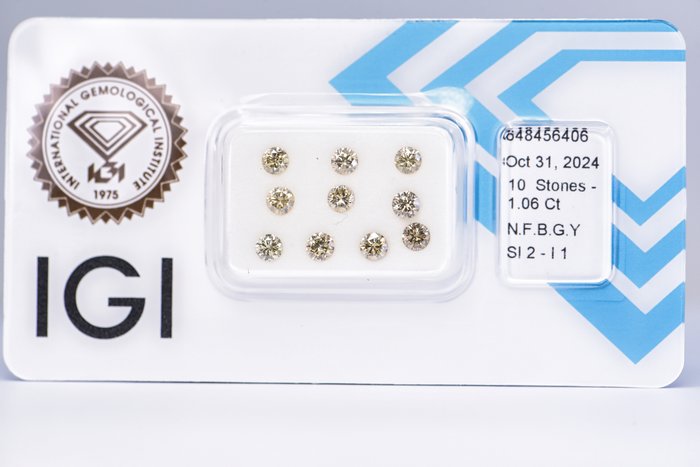 Ingen mindstepris - 10 pcs Diamant  (Naturfarvet)  - 1.06 ct - Rund - Fancy Brun, Grønlig Gul - I1, SI2 - International Gemological Institute (IGI)