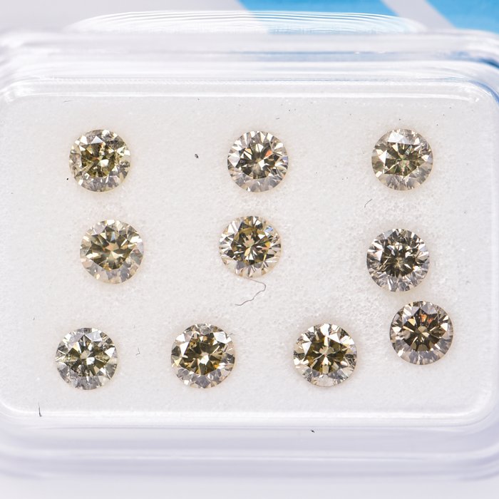 Ingen mindstepris - 10 pcs Diamant  (Naturfarvet)  - 1.06 ct - Rund - Fancy Brun, Grønlig Gul - I1, SI2 - International Gemological Institute (IGI)