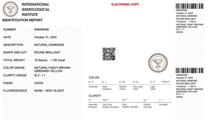 Ingen mindstepris - 10 pcs Diamant  (Naturfarvet)  - 1.06 ct - Rund - Fancy Brun, Grønlig Gul - I1, SI2 - International Gemological Institute (IGI)